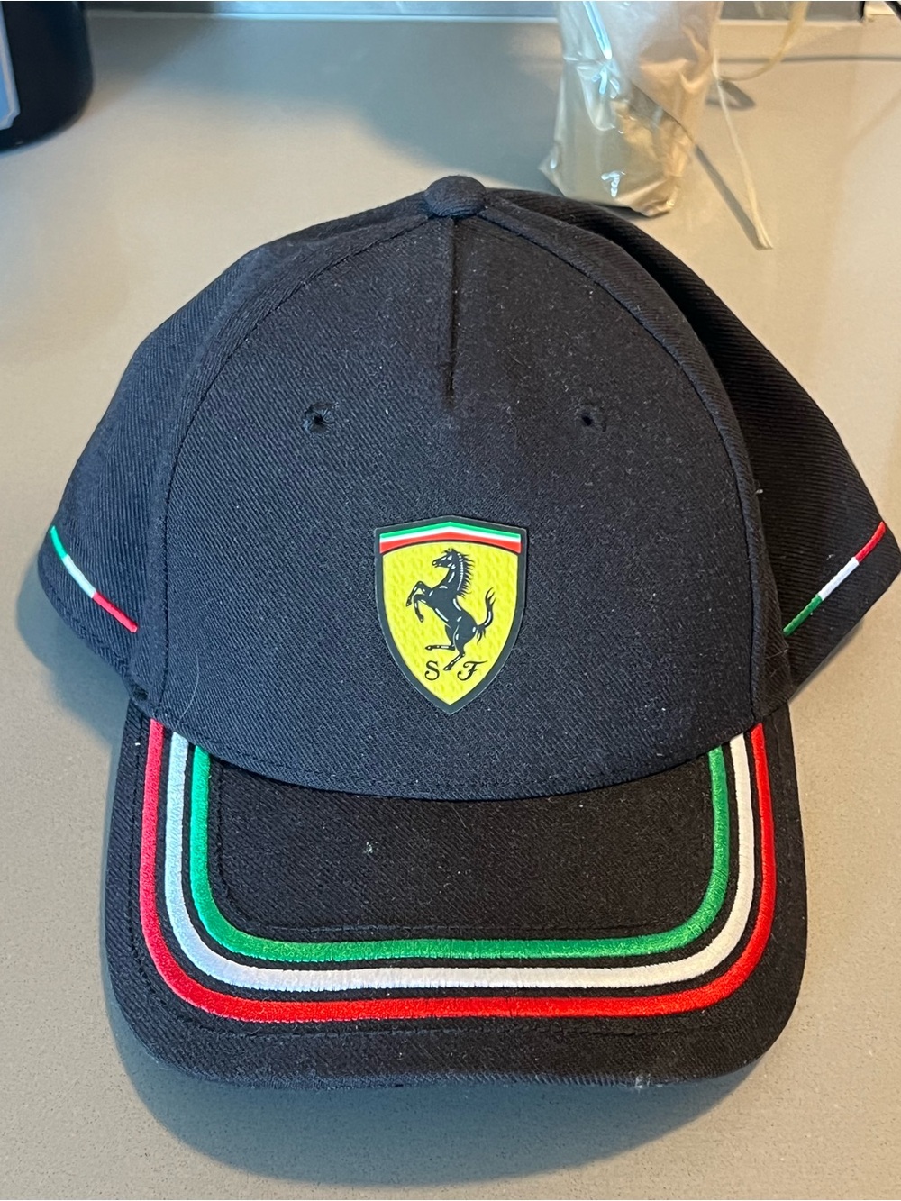 Ferrari Black Kids Cap with Yellow Shield and Tricolor Trim